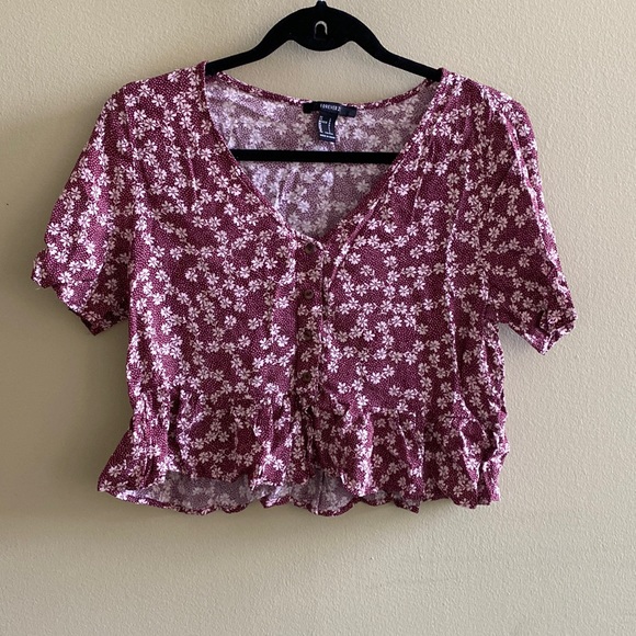 Forever 21 Red Ditsy Floral Print Button Up Top Size L - Picture 3 of 7
